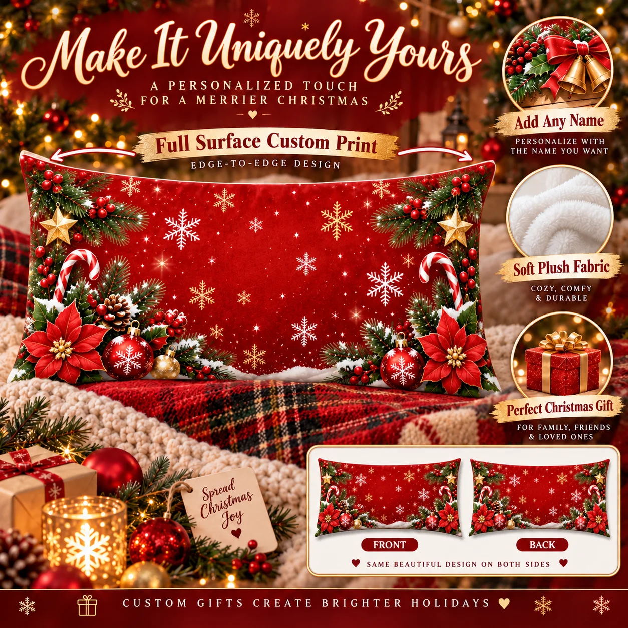 Full Picture Custom Long Body Pillow Cover Lumbar Cushion Case Christmas Xmas Home Decor Sofa Bedroom Living Room Daily Use