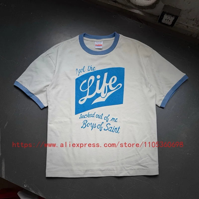 Fashion New SAINT Men's T-Shirt Retro Old School Script Slogan White Blue Cuff Oversized Tee Top Fast Delivery