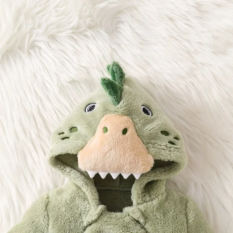 Newborn Boy Clothes Newborn Infant Baby Boy Girl Green Dino Hooded Romper Plush Fleece Toddler Outfits