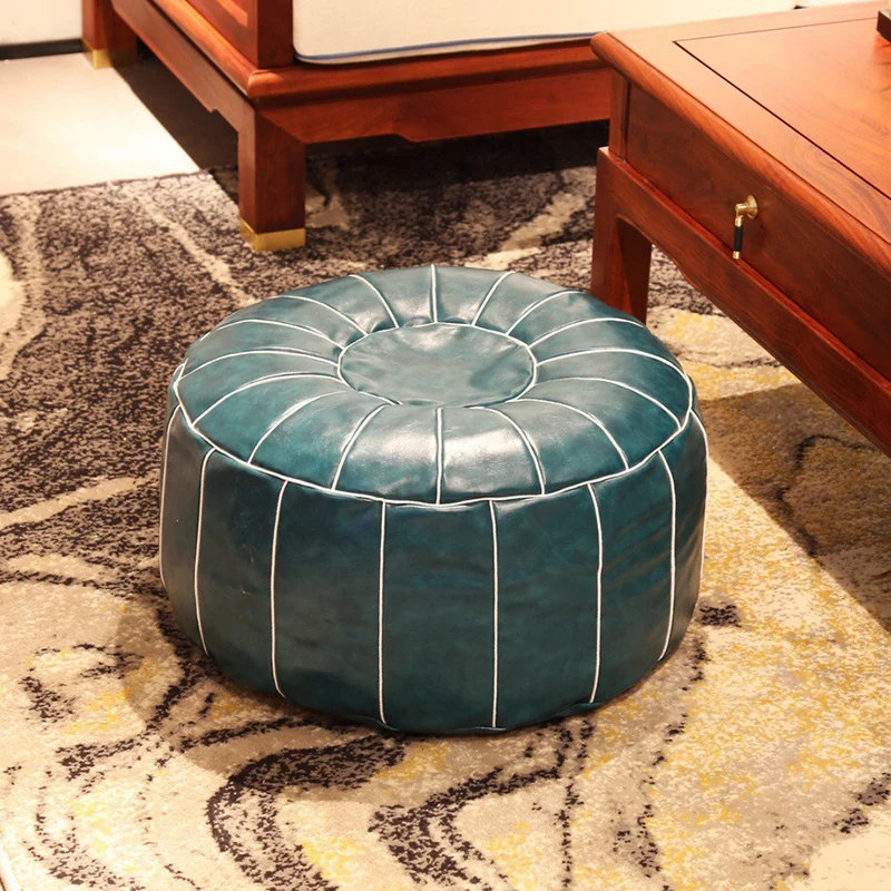 Moroccan PU Leather Pouf Embroider Craft Hassock Ottoman Footstool Round 55cm Artificial Leather Unstuffed Cushion Home  Crafts