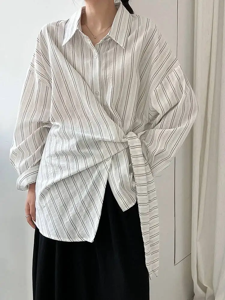 

Женская белая полосатая повязка большого размера, элегантная блузка, новая рубашка с длинными рукавами и лацканами, модная весна-осень
