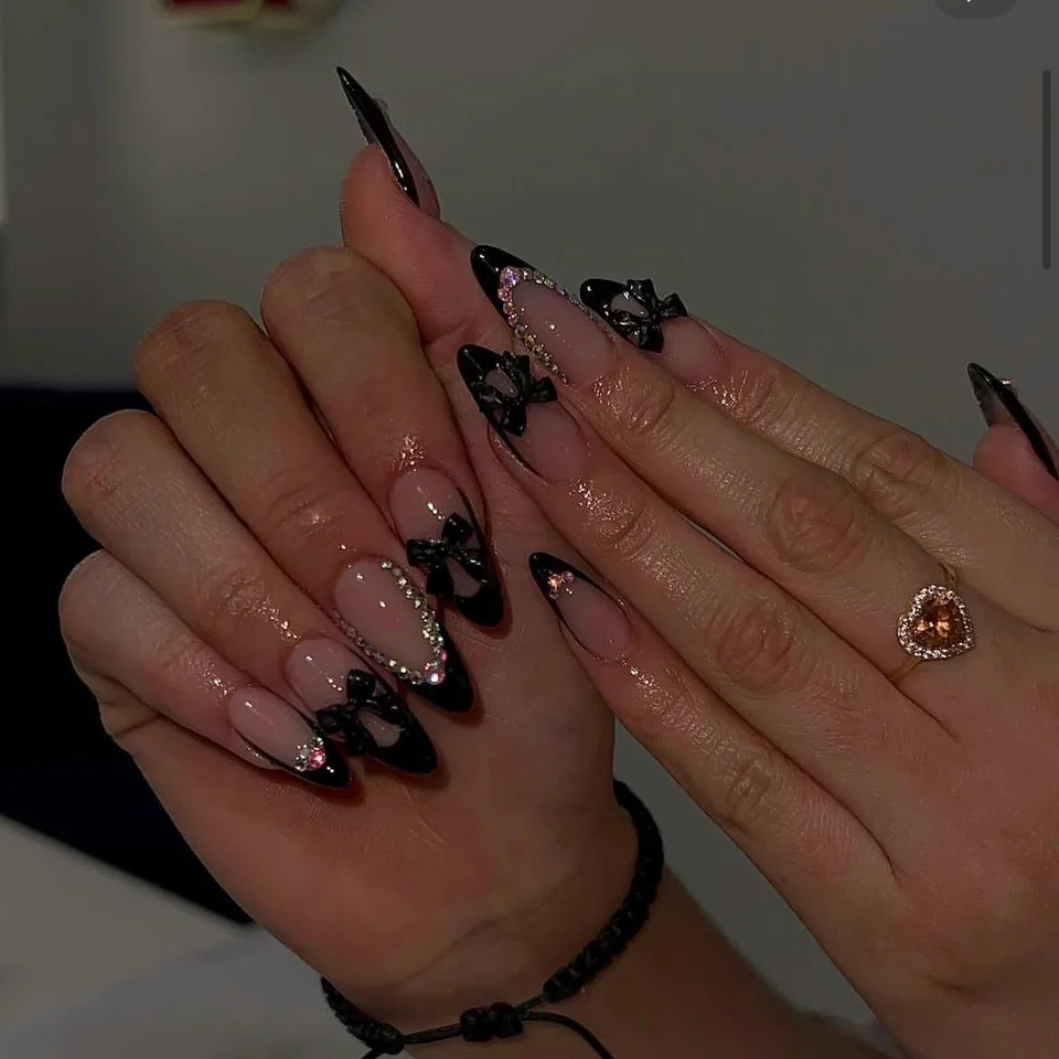 24 uñas almendradas medianas con diseño de leopardo y lazo 3D, francesas con diamantes, para damas 3
