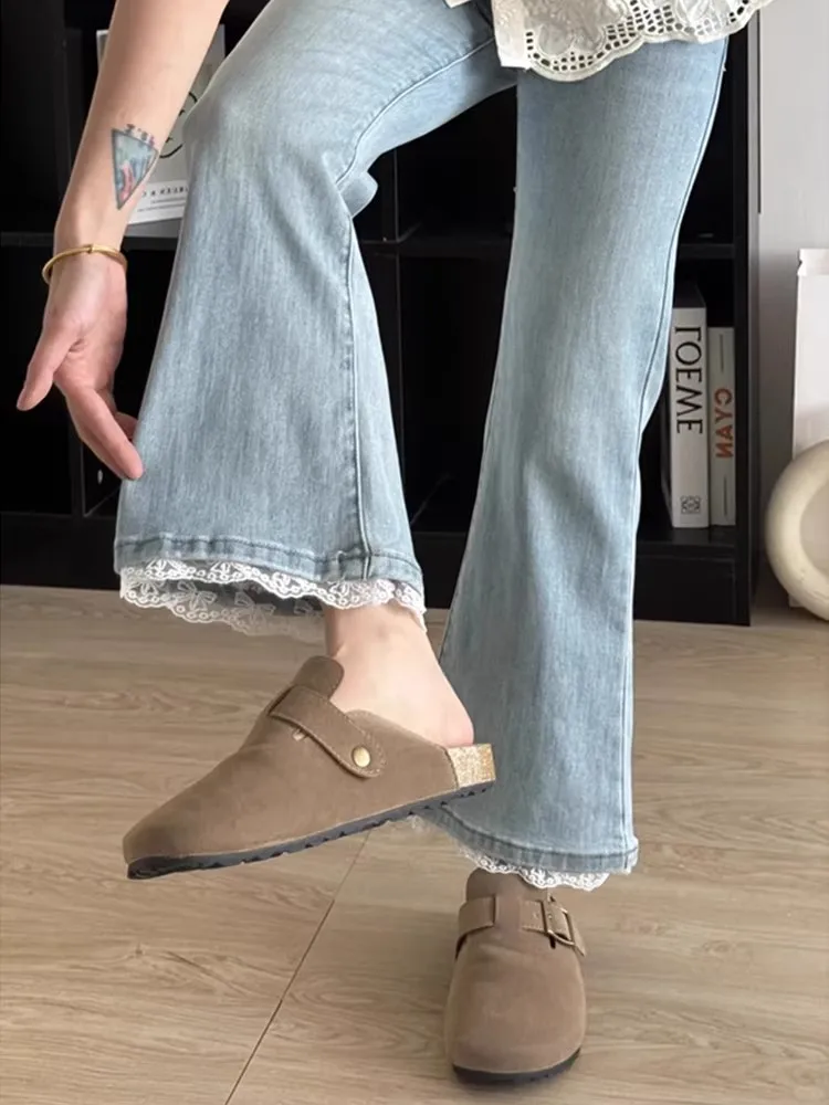 Light Lace Trim Denim Jeans Women plus Size Slimming Non-Matching Leggings High Waist Straight Leg Nine-Piece Elastic Jeans
