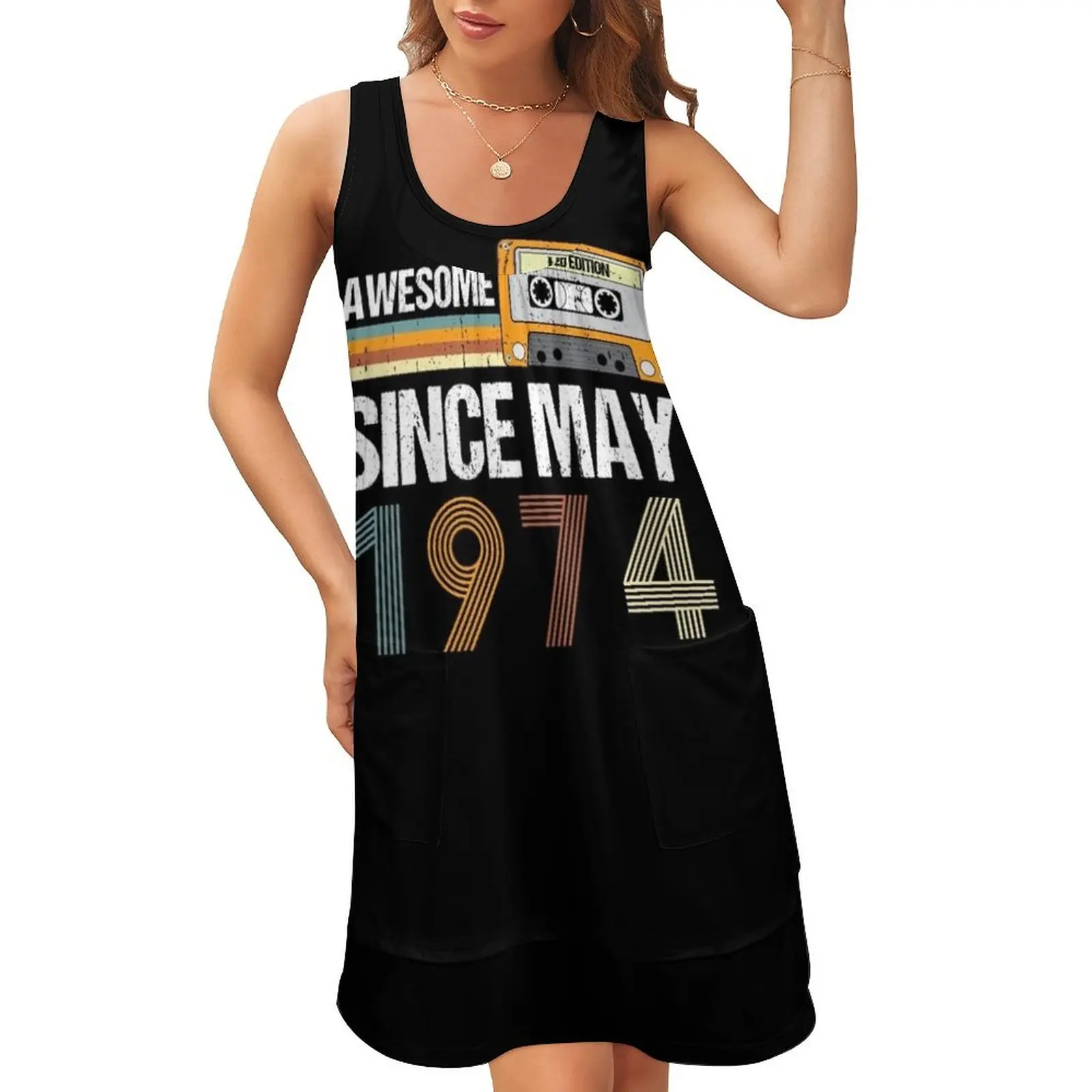 

Awesome Since May 1974 Made In 1974 Vintage May 1974 Sleeveless U-Neck Fake Two Piece Dress Clothing female