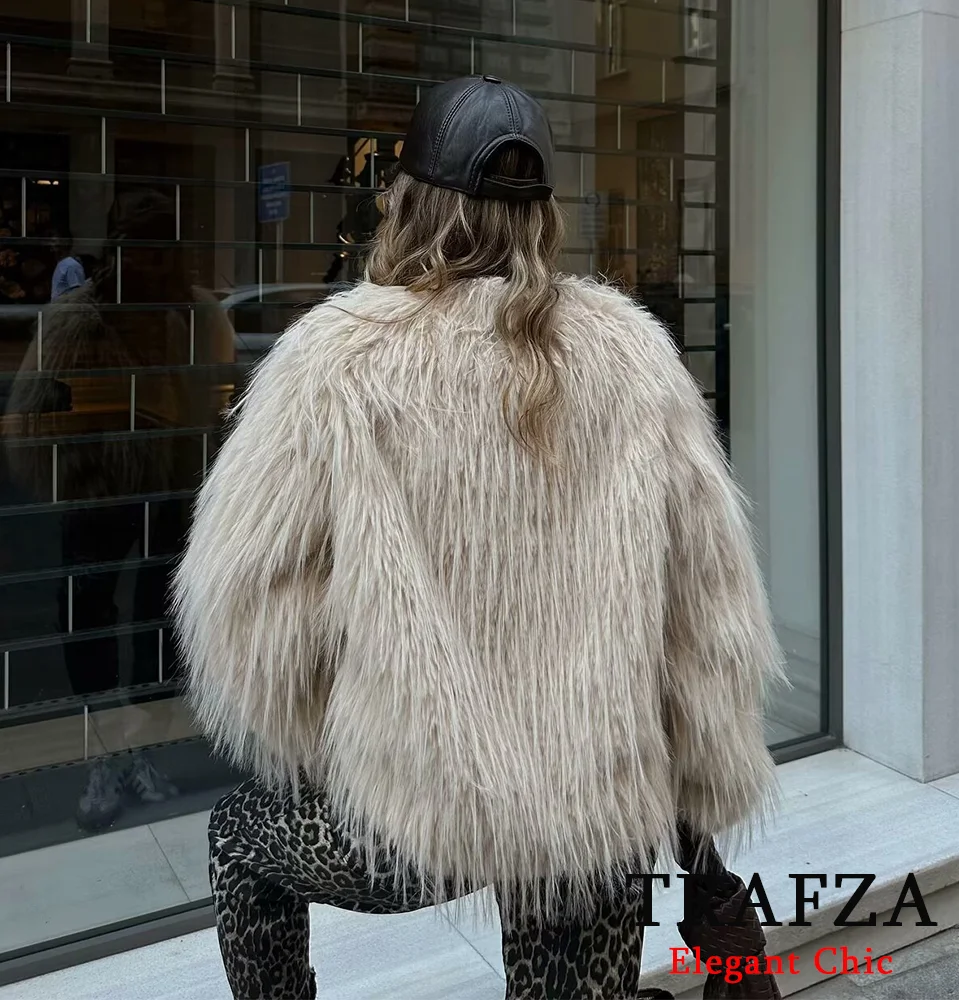 TRAFZA-Women Elegant Fur-Effect Jacket Coat O-Neck Feather-Like Faux Fur Jacket New Fall Winter Fashion Romantic Jacket Coat
