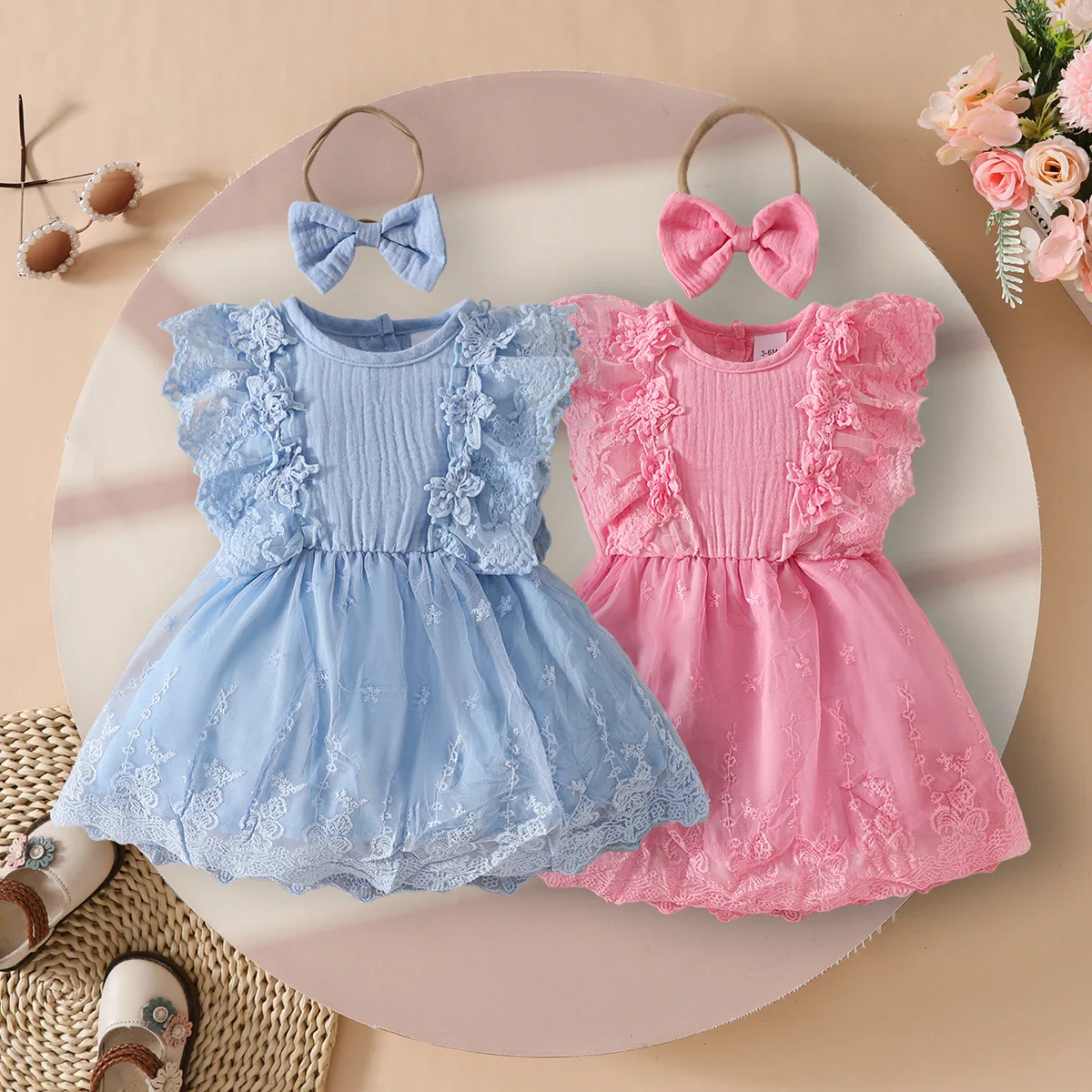 

Baby Girls Rompers Dress 3D Flower Fly Sleeve Lace Mesh Skirt Hem Infant Bodysuits Summer Clothes with Headband 0-18M