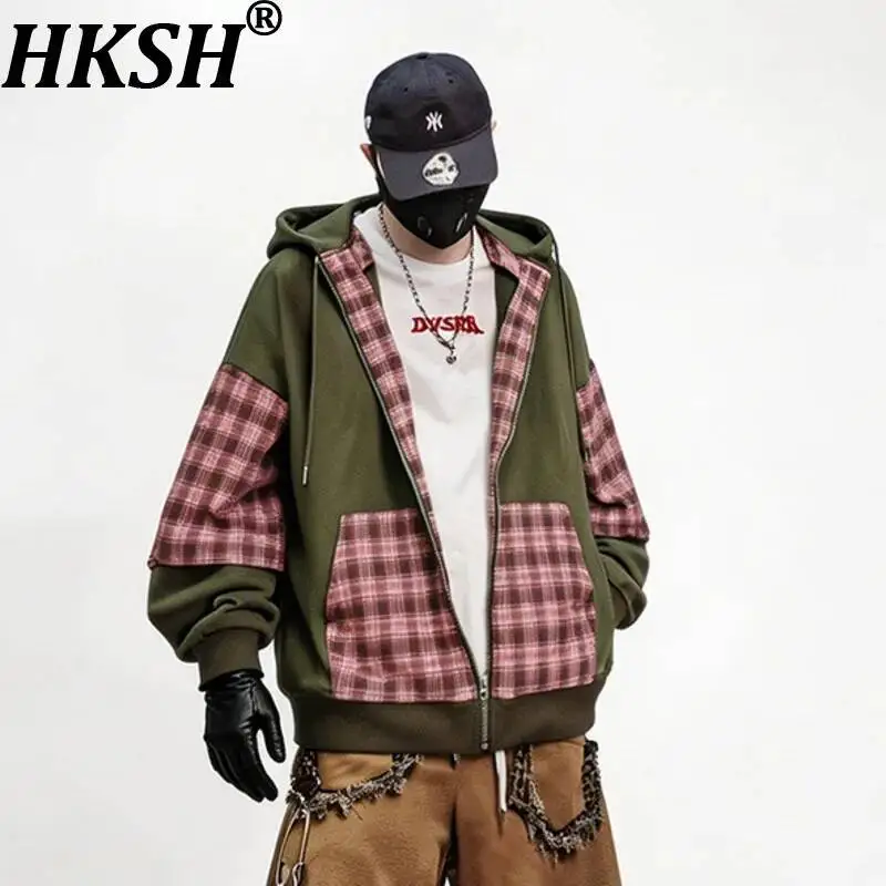 HKSH Autumn New Men's Tide Chic Ins Hip-hop Trendy Brand Loose Hoodie Jackets Oversize Plaid Patchwork Hooded Sweatshirt HK25420