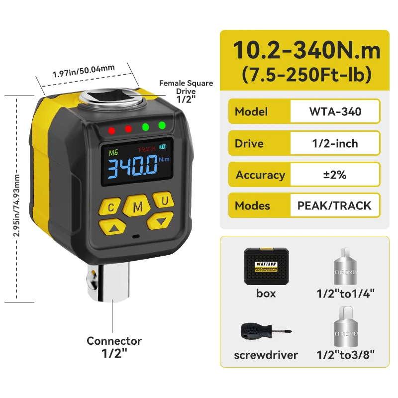 Digitale momentsleuteladapter 6-400Nm 1/2'' 1/4'' 3/8'' aansluiting Digitale momentsensor ±2% nauwkeurigheid Handgereedschap Waxtron