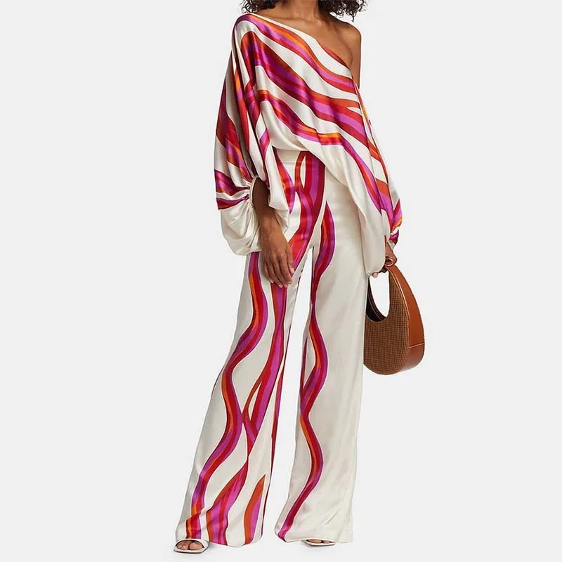 Spring New Women's Satin Clothing European And American Print Exact Match Style Fashionable Wrinkled Suit Casual Pants 2-Pcs Set