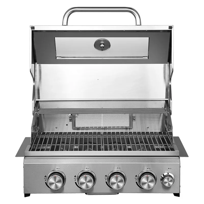 

Stainless steel embedded outdoor BBQ stove, villa smoked barbecue grill, four head stove, covered with glass windows