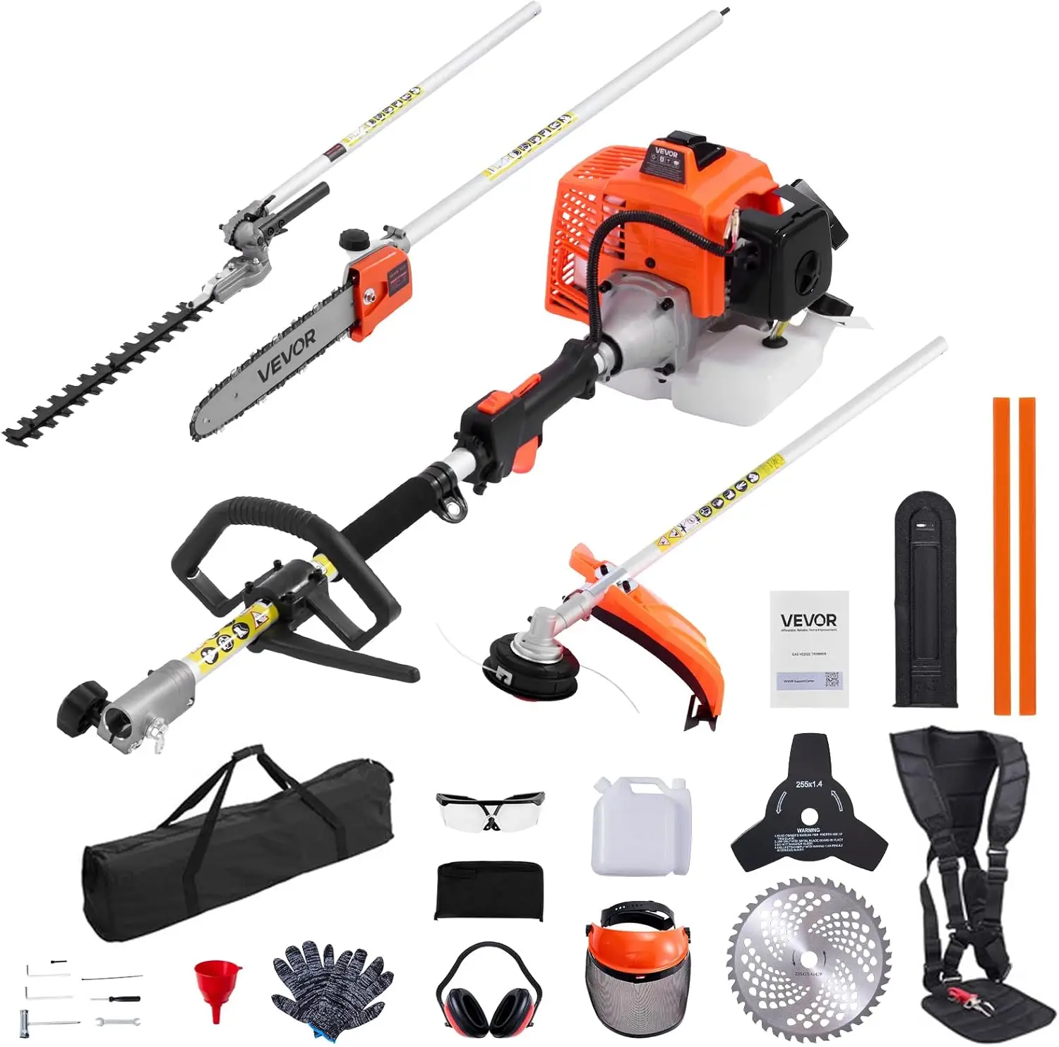 Gas Hedge Trimmer, 2 Cycle Gas Power Handheld Hedge Trimmer, 5-in-1 63cc Cordless Weed Eater with Protective Gear Set, Includes