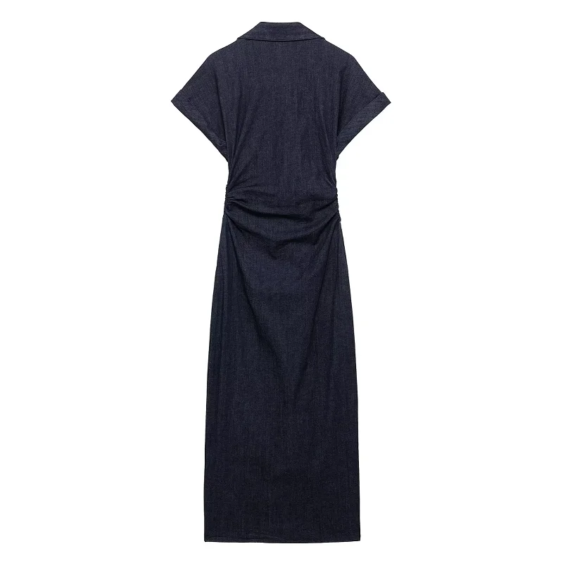 HXAO Blue Denim Dresses Woman Short Sleeve Shirt Long Dress Women Summer Ruched Bodycon Casual Dresses Elegant Midi Dress 088