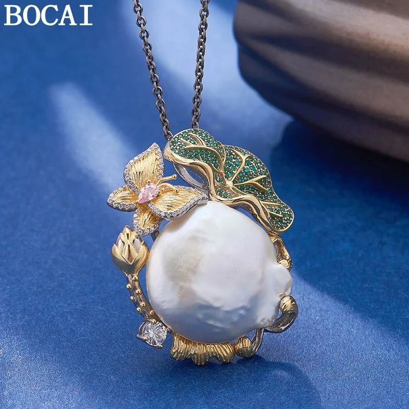 

BOCAI S925 Silver Charms Pendants for Women Contrast Colored Lotus Butterfly Inlaid Baroque Pearl Micro Zircon New Jewelry