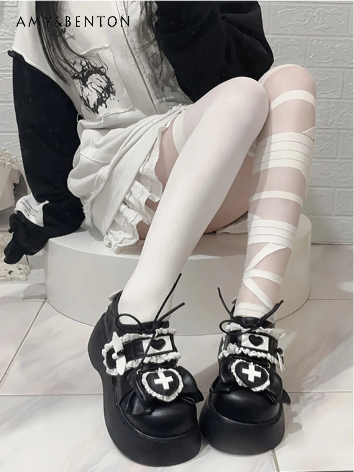 Original Round Toe Lace-up Lolita Shoes Japanese Cute Sweet Platform Heels Harajuku Kawaii Color Matching Leather Shoes Students