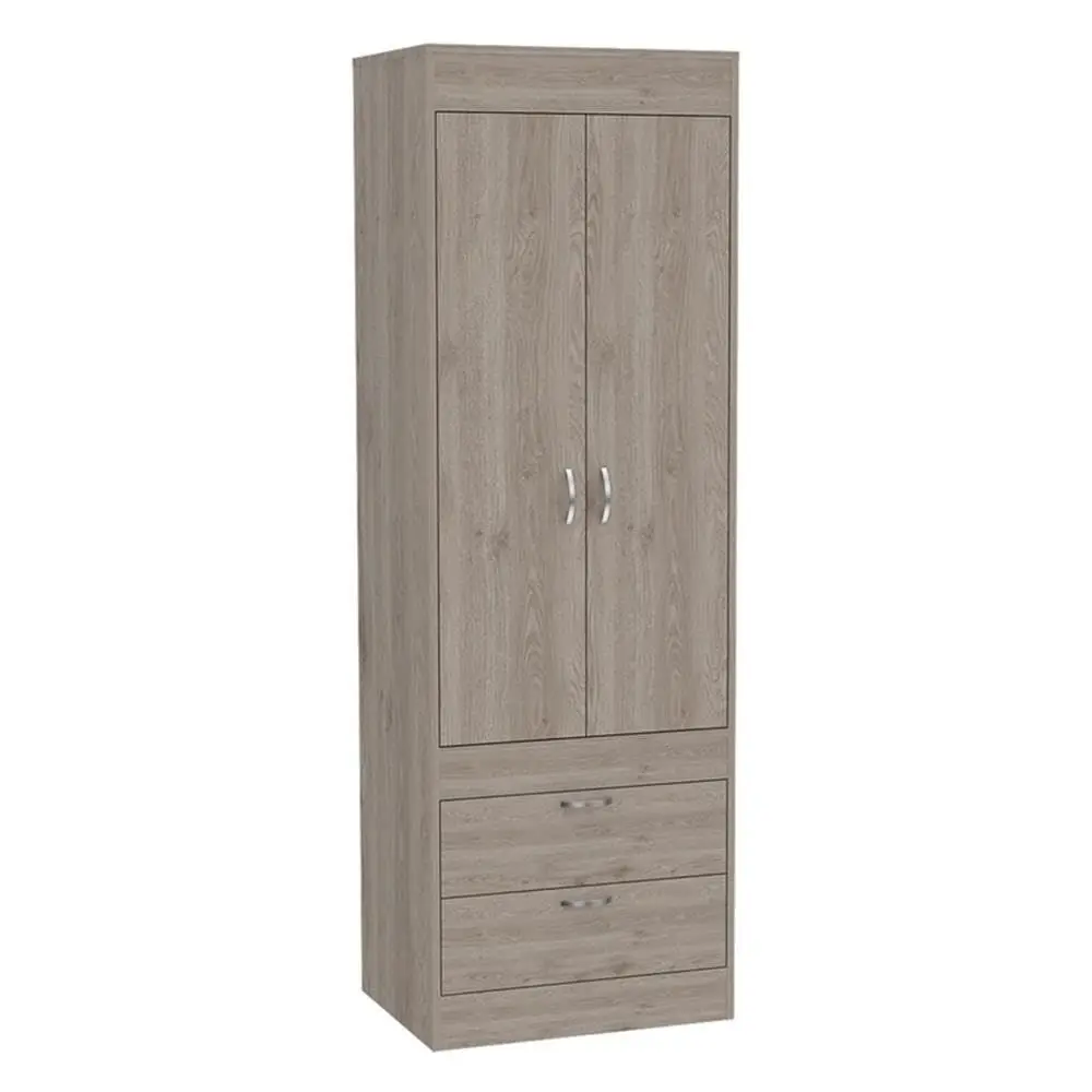

Engineered Wood Armoire, 70.4 H x 23.3 W x 18.9 D, Gray Finish, 2Drawers, 2Doors, Hanging Rod, Modern Bedroom Storage Cabinet,