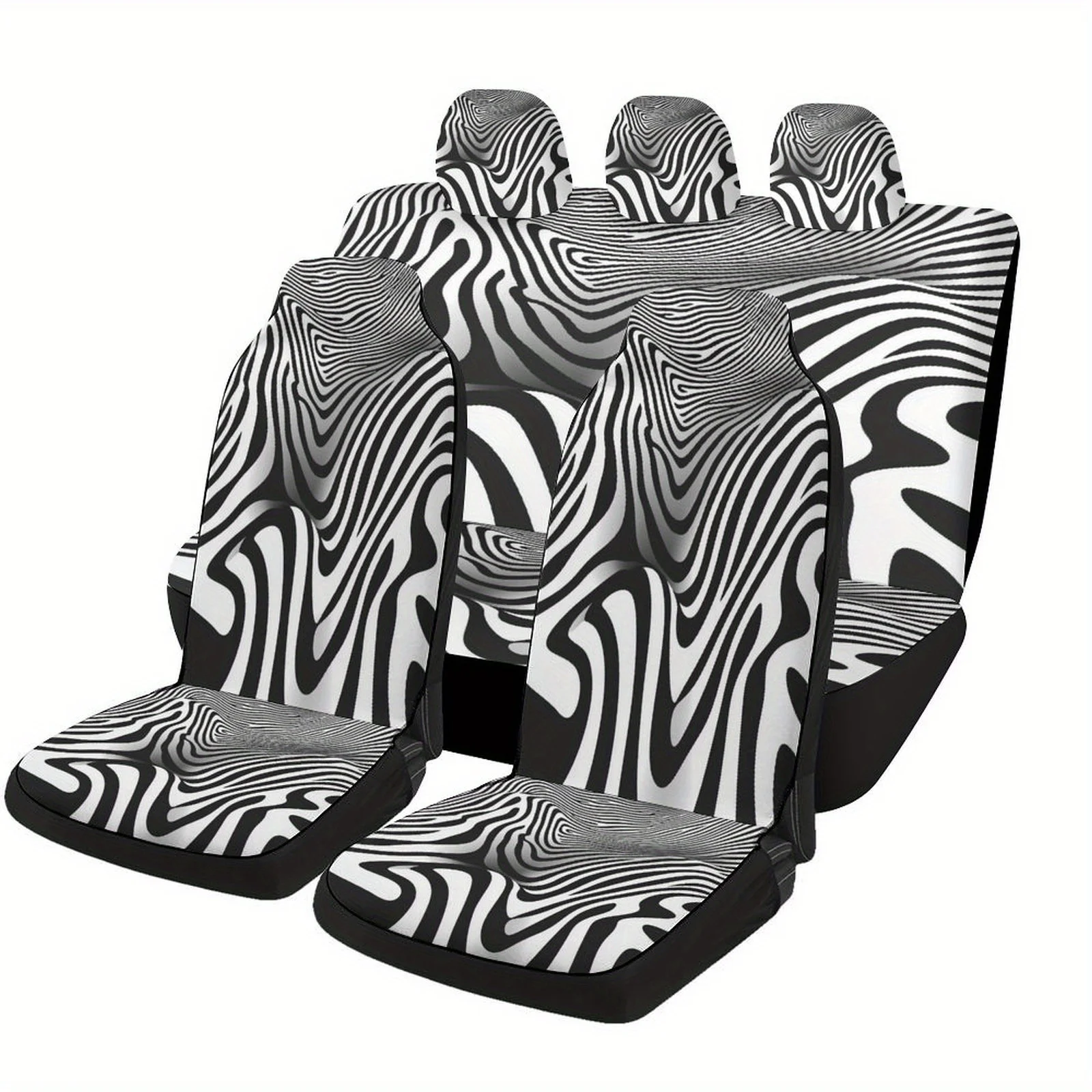 Black And White Distortion Designed Car Seat Covers Set For Most Cars, Trendy Novelty Decorative Car Seat Protector Covers Full