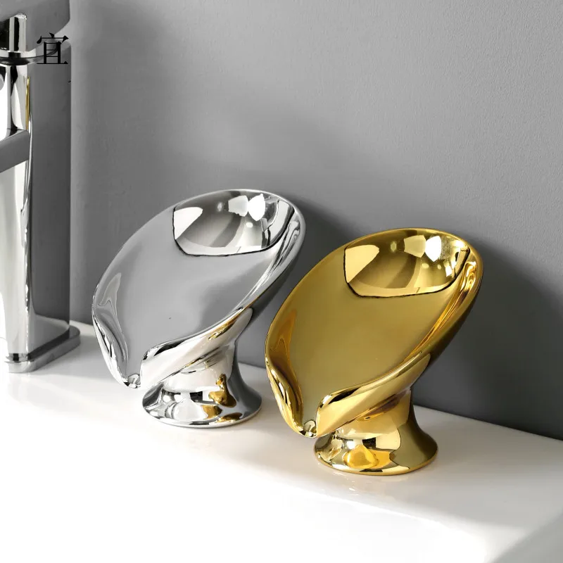 Bathroom Storage Soap Box Gold and Silver Ceramic Washbasin Drain Soap Holder Creative No-Punch Soap Dish Bathroom Accessories