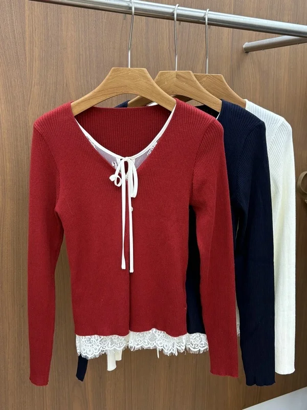 

Slim Fit Wool Blend Top V Neck Lace Insert Hem Ribbon Tie Knitted Sweater Korean Style Spring 2026 Fashion for Young Women