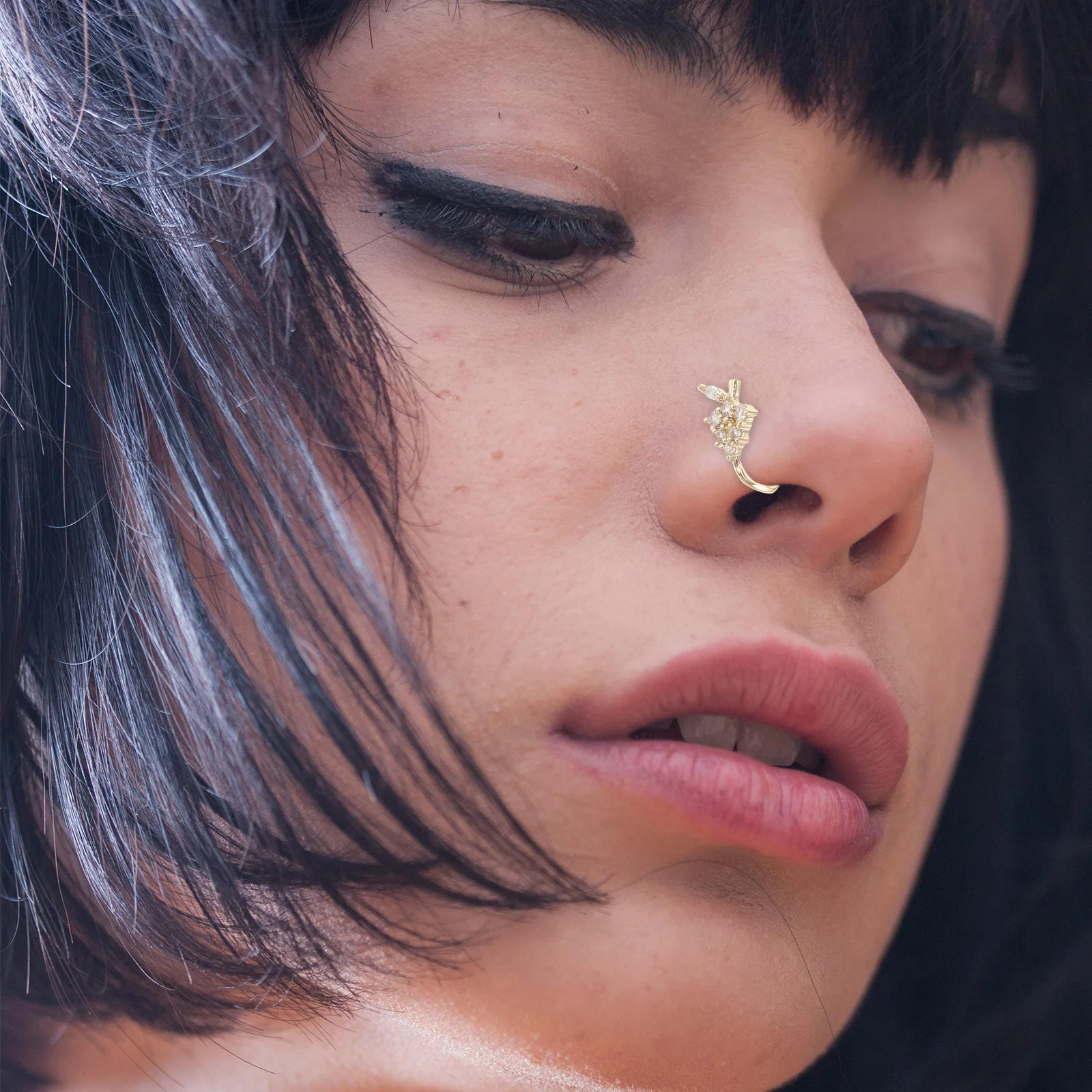 

6pcs Adjustable Non Piercing U-Shaped Clips Micropaved Stones Leaf Flower Eye Heart Copper Fake Nose Cuff For Women Men Clip On