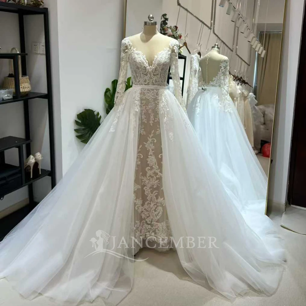 

Винтажное свадебное платье из кружева с шифоном трапециевидной формы длиной до пола, Vestidos с круглым вырезом и длинными рукавами, халат невесты De Mariee по индивидуальному заказу