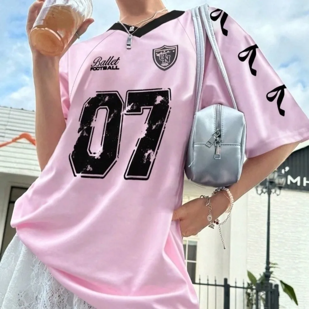 

V-neck Sports Tennis T-shirts Large Size Teenagers Adolescent Female Crop Tops Casual American Style Bow Letter Shirt Daily