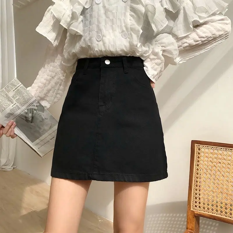 Basic Solid Color High Waist Denim A-Line Skirt, Button Fly Pocket Short Mini Jean Skirt for Women view 4