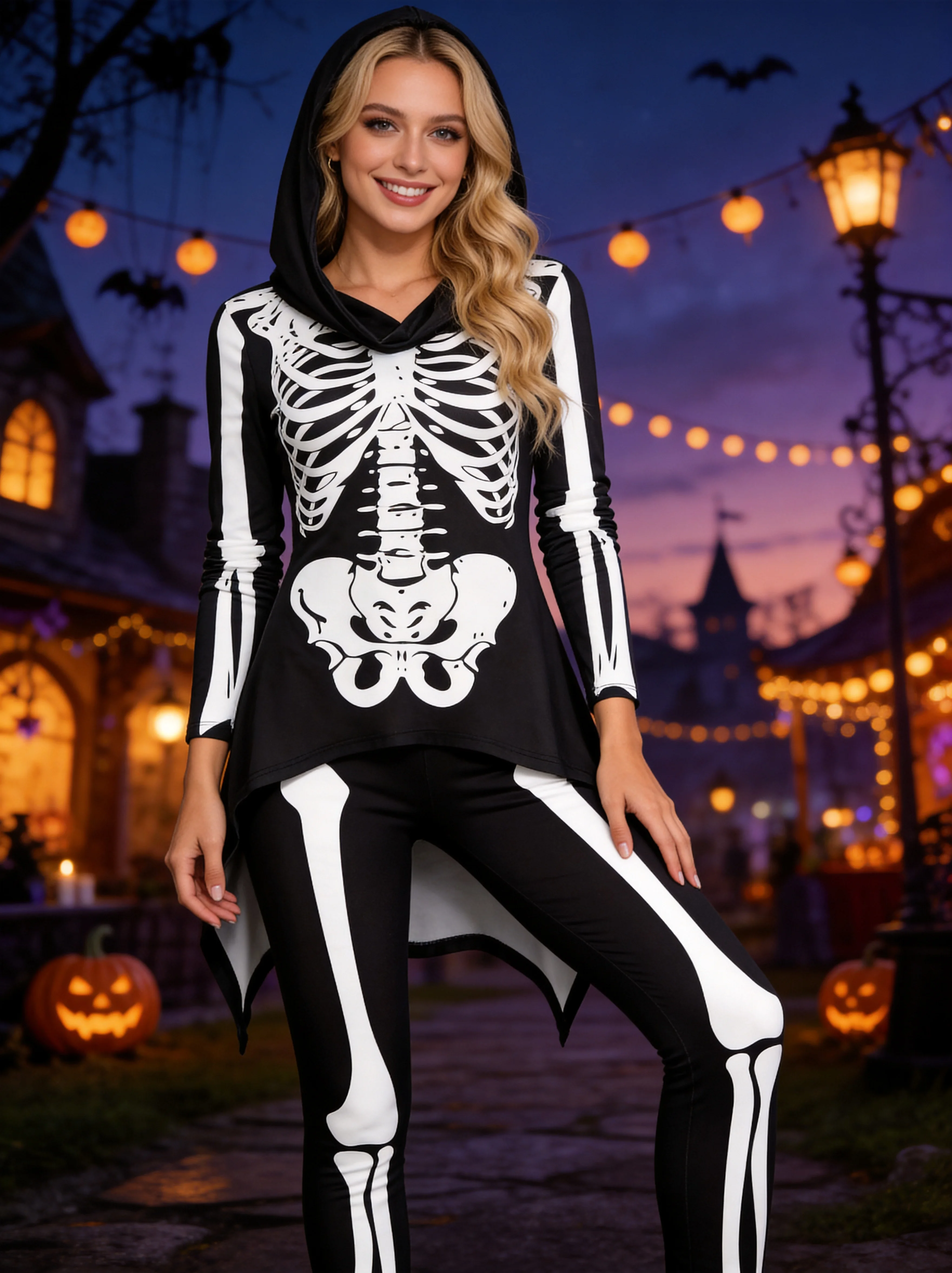 Gothic Skeleton Print Halloween Costume Set 2026 Trendy European And American Selection for Spooky Season