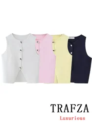 TRAFZA Vintage Casual Chic Women Vest O-Neck Single Breasted Knitted Sleeveless Sweaters Fashion 2024 Summer Thick Vest