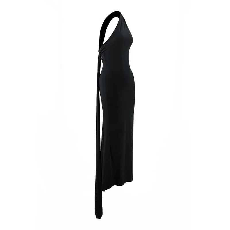 Women's One-Shoulder Sleeveless Maxi Dress Adjustable Scarf Loop Ruched Backless Bodycon Festival Party Outfit Elegant Long Gown