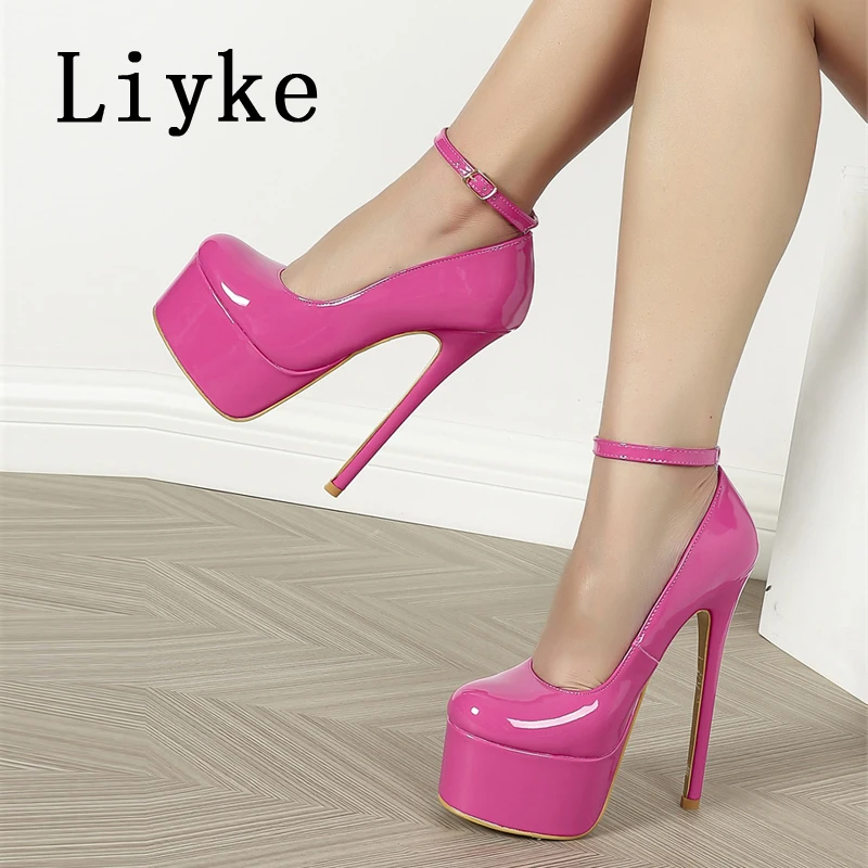 

Liyke 2026 Spring Autumn Women Platform Pumps Pink Round Toe Buckle Strap Super High Heels Stripper Pole Dance Shoes Stilettos