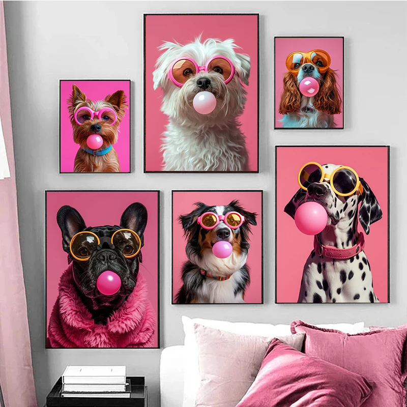 Dog Bubblegum Sunglasses Posters and Prints Samoyed French Bulldog Pomeranian Canvas Painting Wall Art Picture Room Home Decor