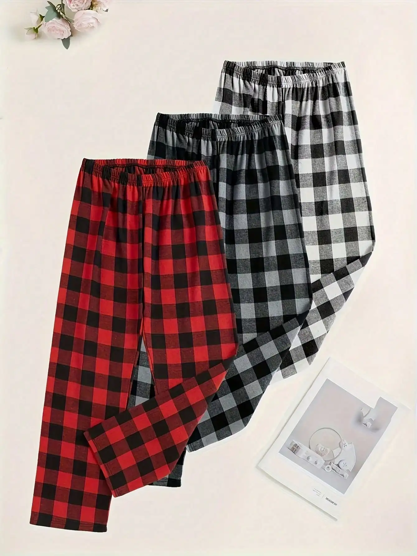 Men'S 3-Piece Set With Checkered Pattern, Including Loungewear And Casual Sleep Pants.