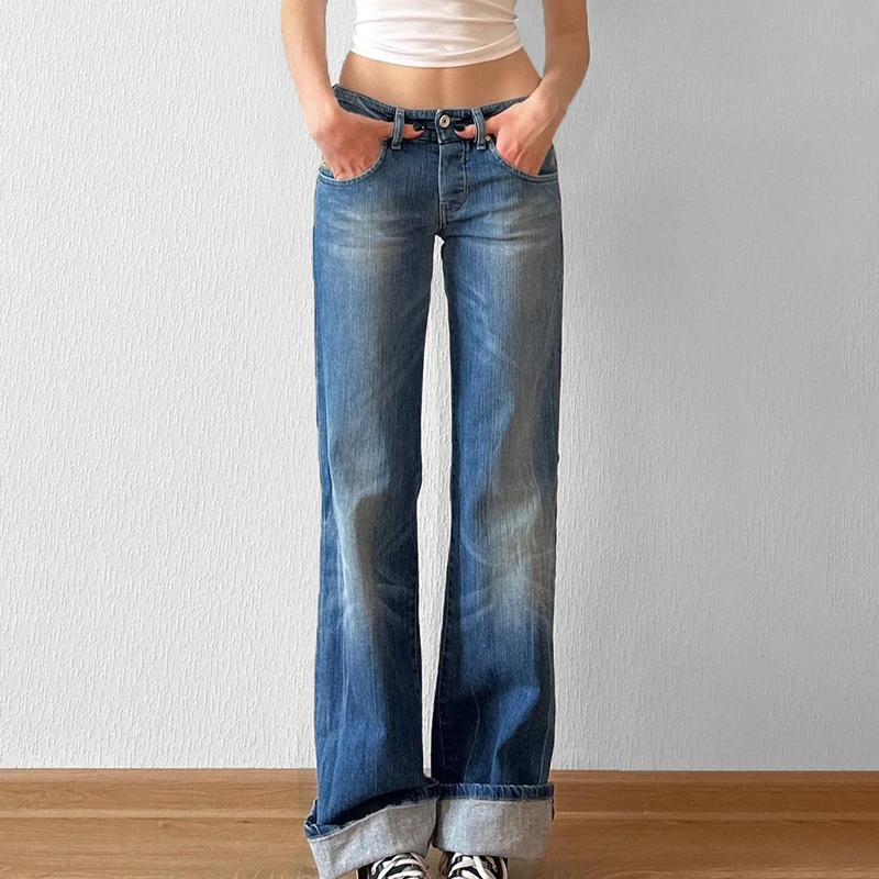 

American Style Vintage Jeans For Women Daily Basic All Match Lowrise Wideleg Pants Casual Simple Straightleg Trousers