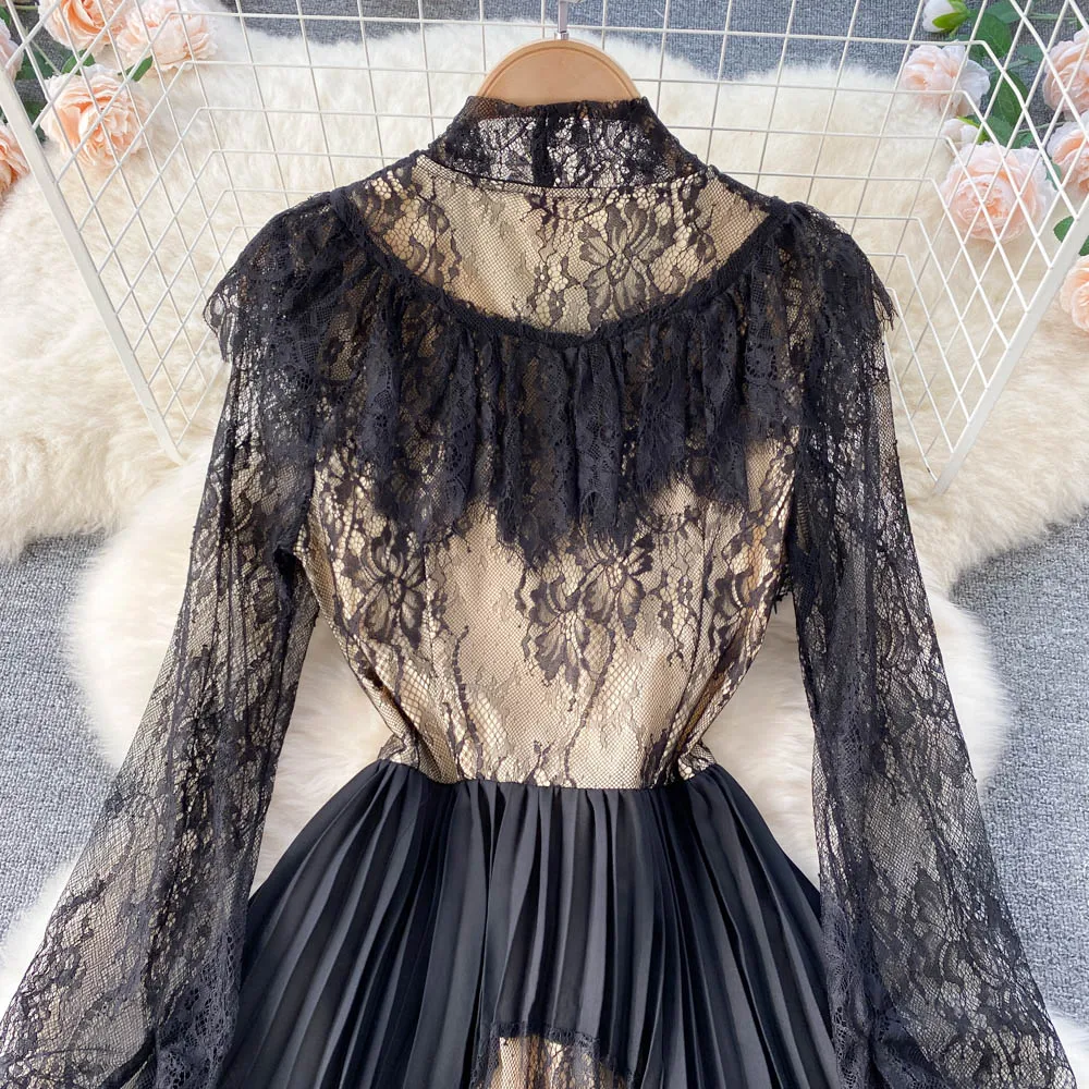 Spring Summer Elegant Sexy Women Vintage Lace Long Sleeve Bow Neck Robe Femme OL High Waist Casual Slim Party Dresses