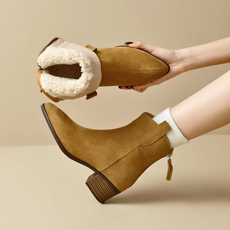 

QUTAA 2026 Fashion Winter Women Ankle Boots News Plush Warm Zipper Shoes Cow Suede Mid Heels Pointed Toe Short Boots 34-41