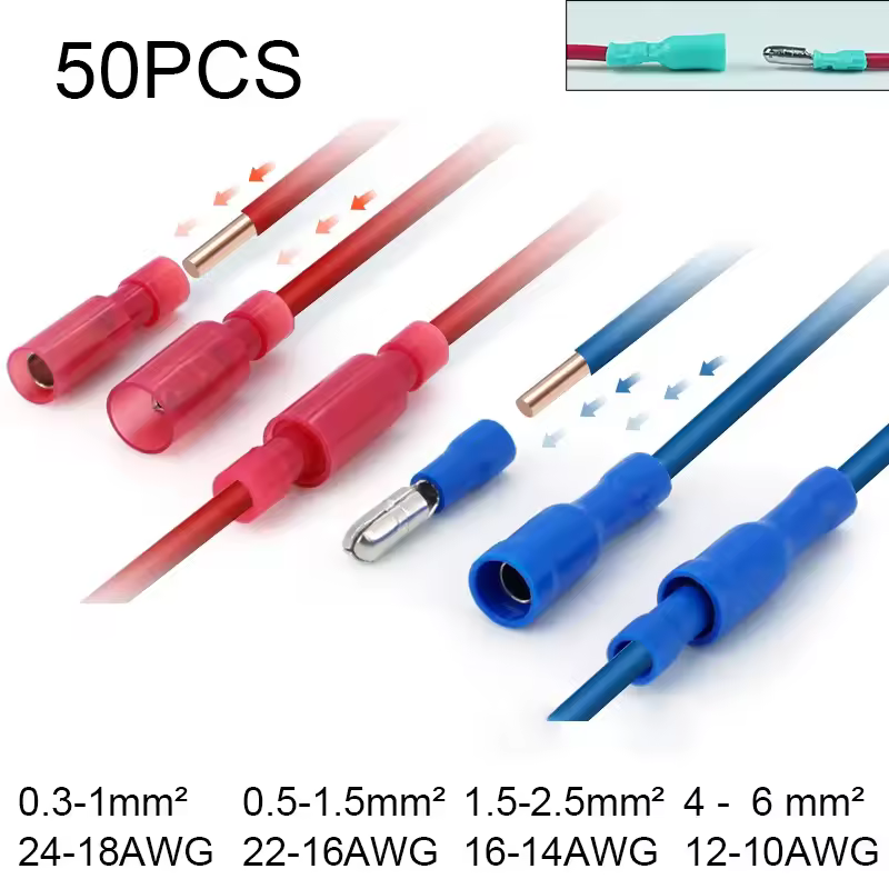 50 Uds. Terminales de contactos tipo bala, engarzado eléctrico para Cable, terminador eléctrico, empalme a tope, accesorios de Conector de Cable Eléctrico