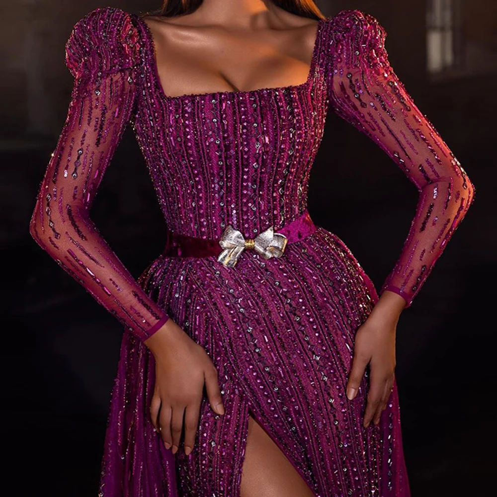 Luxo dubai fúcsia vestidos de noite alta divisão casamento elegante mangas compridas árabe formal festa baile vestidos feito sob encomenda