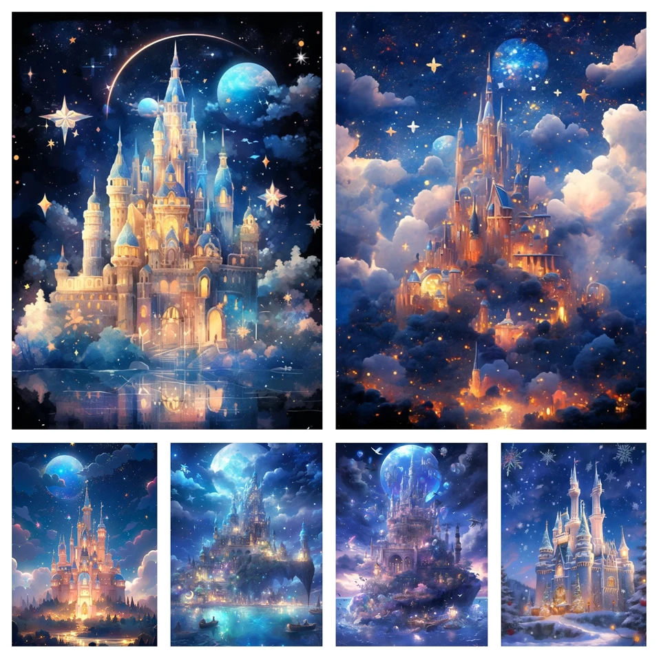 5D Diy Diamond Painting New 2024 Full Square Round Dream Castle Diamond Embroidery Mosaic Fantasy Moon Landscape Home Decor