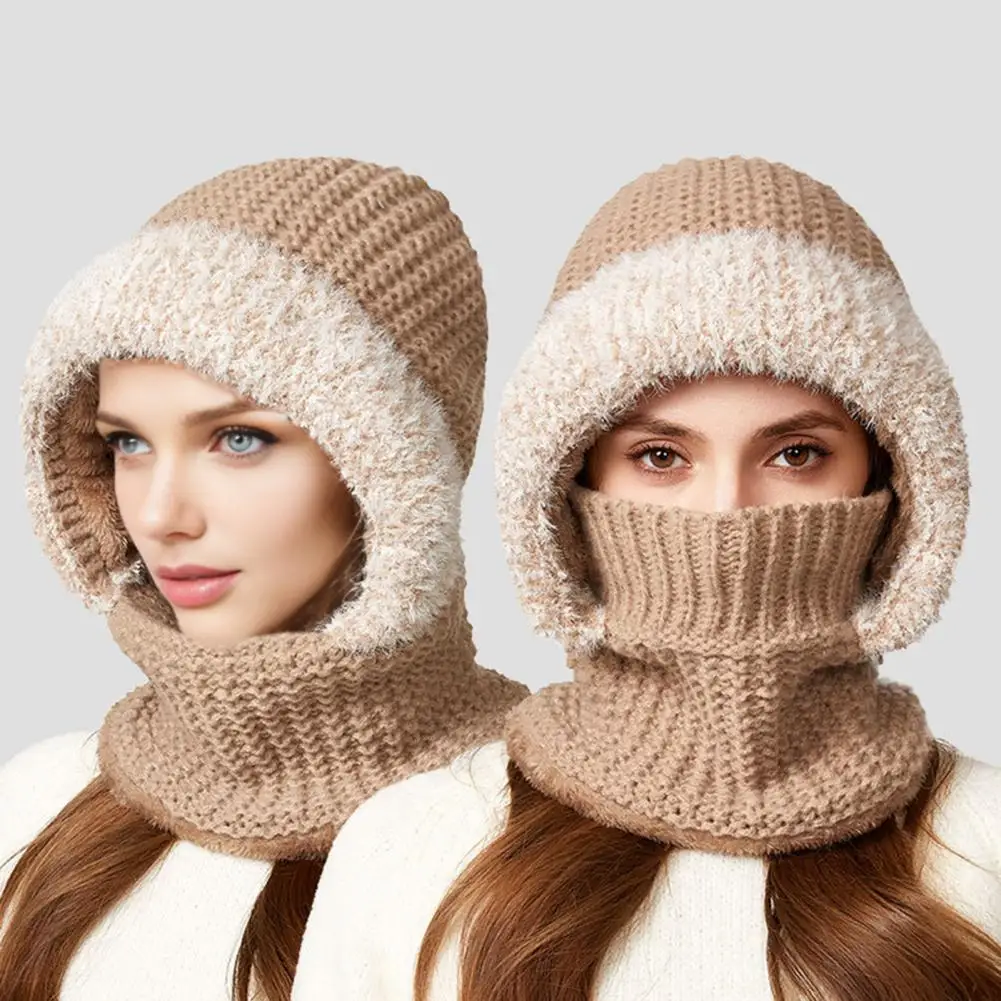 قبعة شتوية مناسبة على شكل قبعة 3 1 طقم قبعات متماسكة مع حواف قطيفة وبطانة مخملية وشاح شتوي مقاوم للرياح مبطن بالصوف واقي وجه للنساء #2