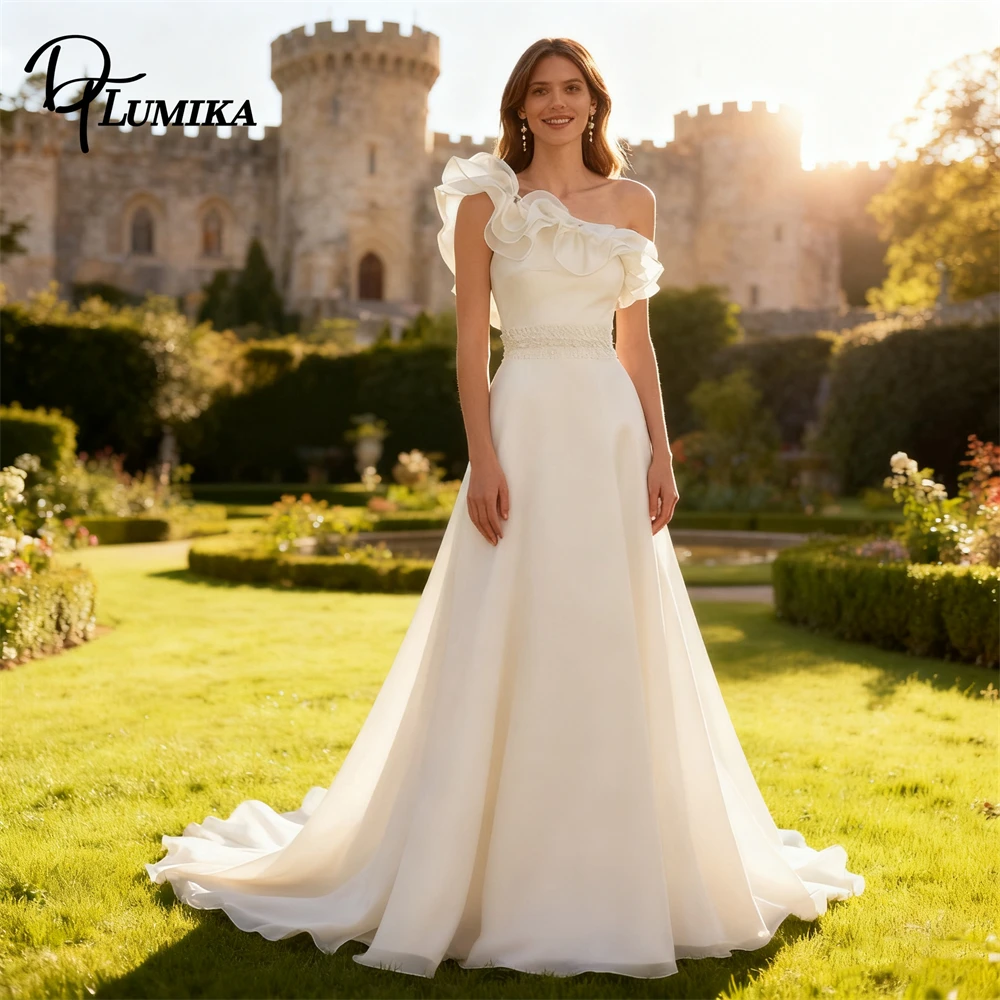 

Ruched One Shoulder Wedding Dress for Bride 2025 Organza A Line Long Bride Dresses Rhinestones Waist Customized Bridal Gown