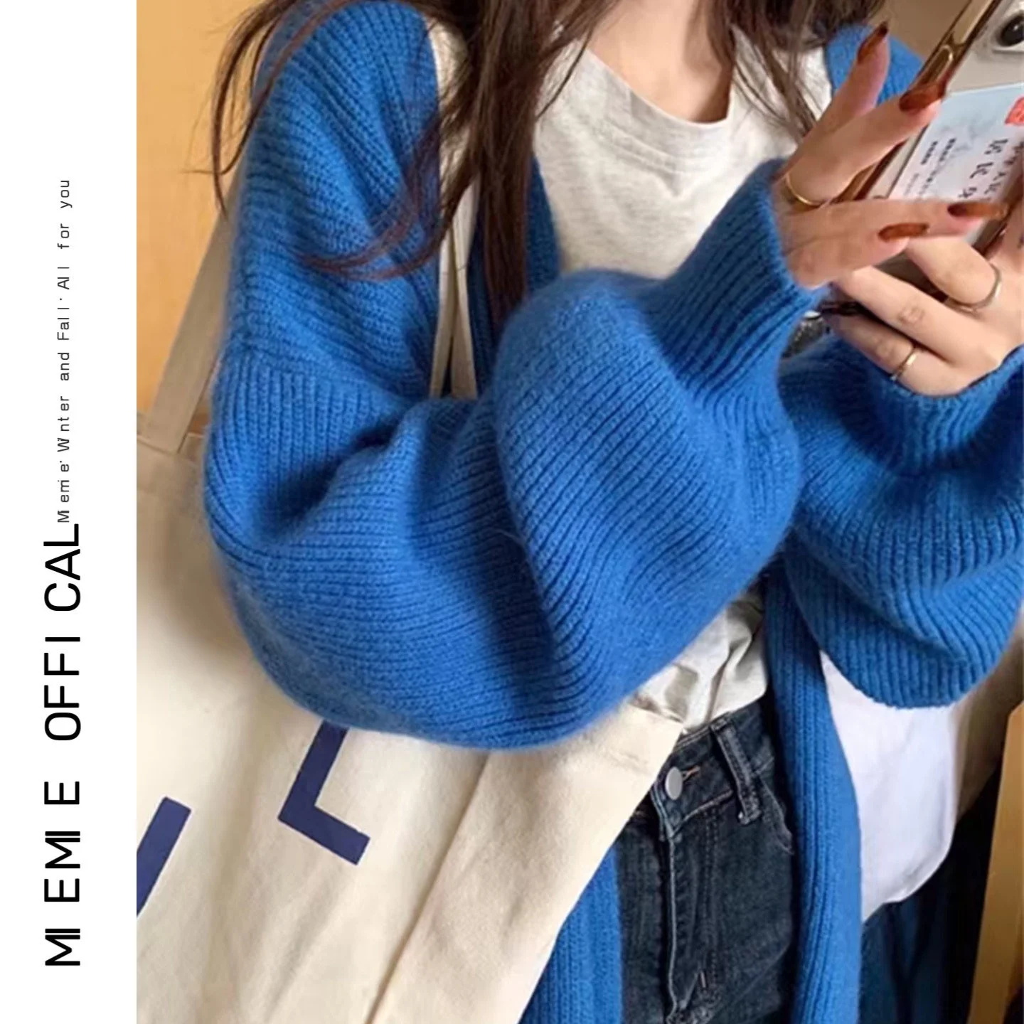 

Thiened Long Knitted Cardigan Soft Cozy Ele Classic Money Sle Peaco Blue Outerwear for Women Sweet Sle Pure E-com...