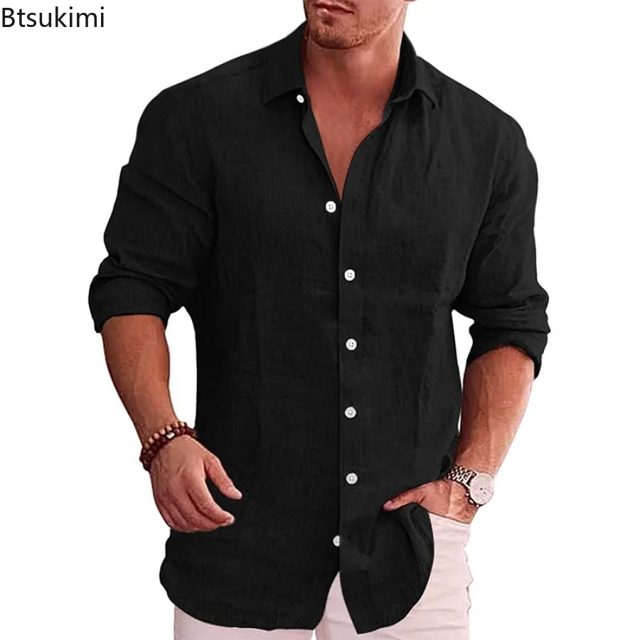 New Men's Cotton Linen Long Sleeve Shirts Spring Autumn Solid Color Business Casual All Match Shirts Vacation Style Tops for Men