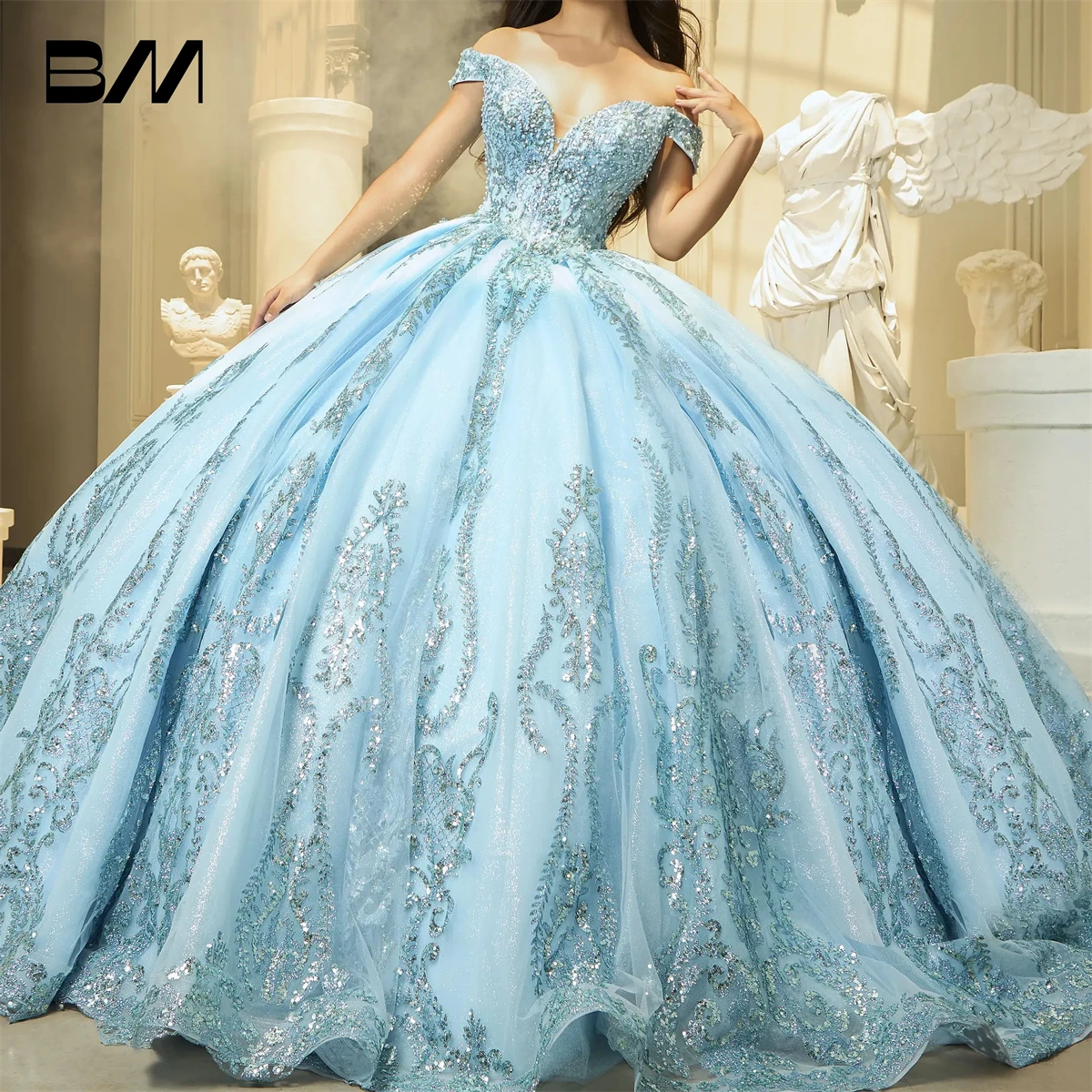 Vestido azul cielo con hombros descubiertos para quinceañera, dulce vestido 15 con apliques brillantes plateados, vestido de baile, 2025