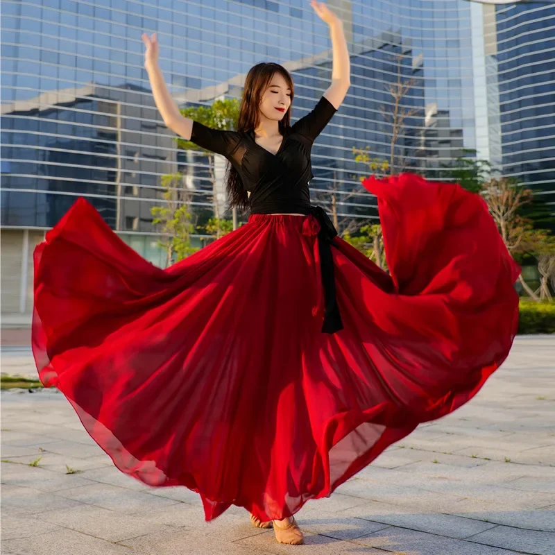 Falda de danza Oriental para mujer, traje de actuación, 720 grados, círculo completo, rojo, 1000