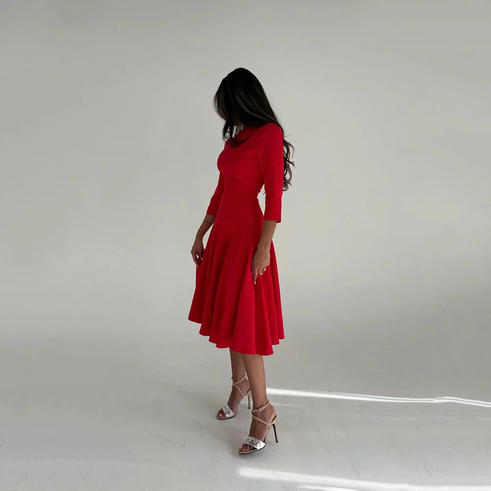 

Red Prom Dress Simple V-neck Long Sleeves Knee Length Dresses Evening A-line Pleat Jersey Party Dress Customized 2025