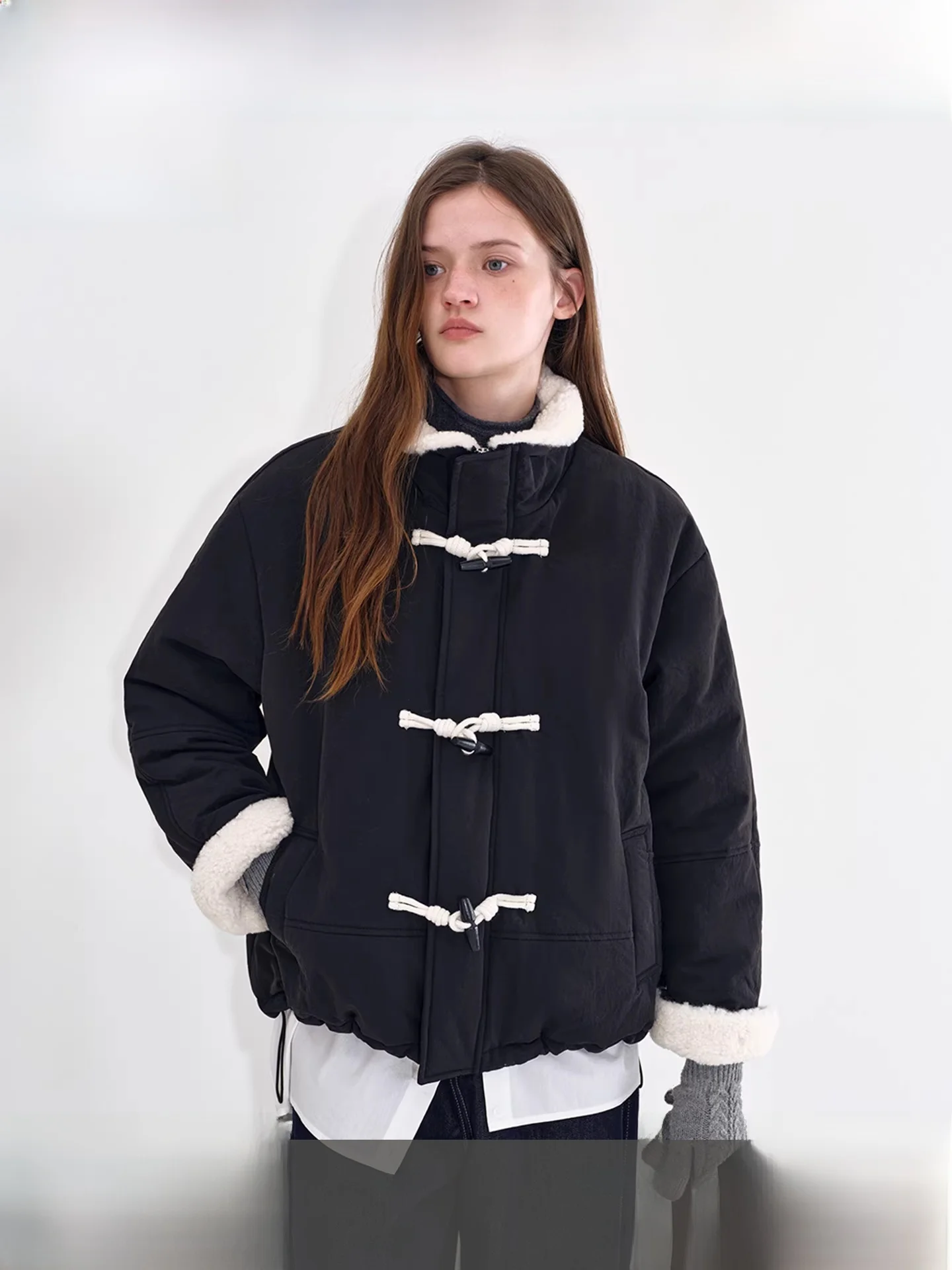 

Fano Women's Loose oulder Lamb Fur Jaet Cotton Coat Dstring Bloom Winter Outerwear Korean Sle Long Sve Regular Le...