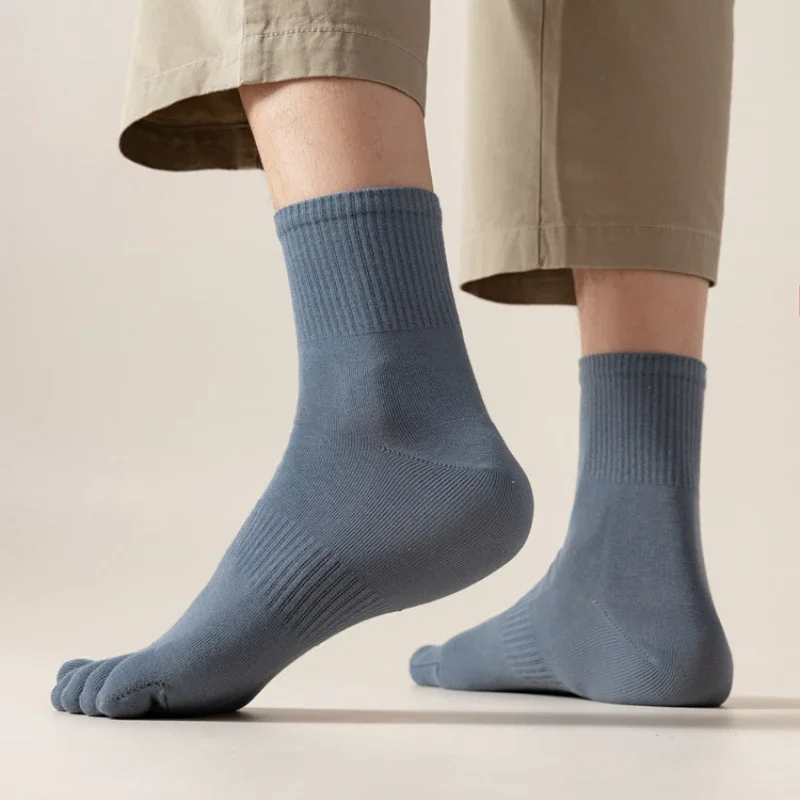 Chaussettes à manches moyennes en pur coton à cinq doigts pour hommes, respirantes et absorbant la transpiration, chaussettes fendues pour documents