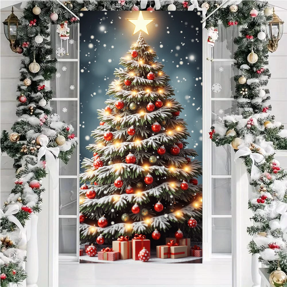 Large Christmas Tree Pattern Door Cover 185*90cm Banners Versatile Hanging Home Outdoor Decorations For Entrances Rooms Kitchen