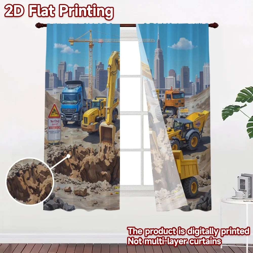 2D flat 2pcs Curtain Country Style Construction Vehicles City Scene Digitally printed polyester Family Party Decoration Use for