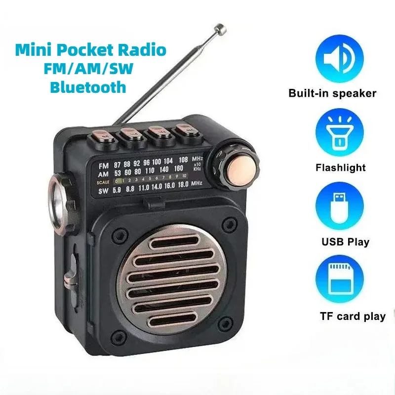 

Mini Pocket Radio FM AM SW Portable Flashlight Radio Receiver Speaker Support Wireless Bluetooth 5.0 USB MP3 TF Card Playback